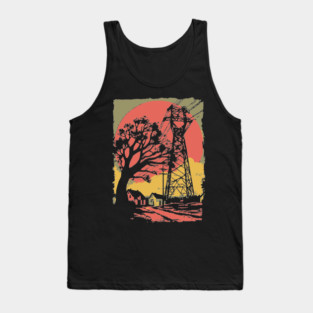 Rural Power Lines at Sunset - Retro Industrial Landscape Art Tank Top