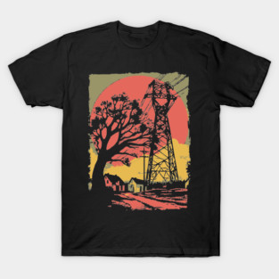 Rural Power Lines at Sunset - Retro Industrial Landscape Art T-Shirt