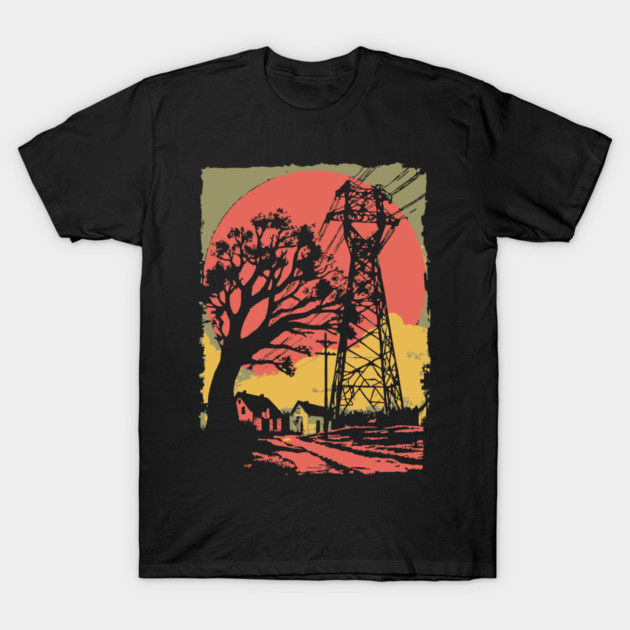 Rural Power Lines at Sunset - Retro Industrial Landscape Art T-Shirt by TuncGK