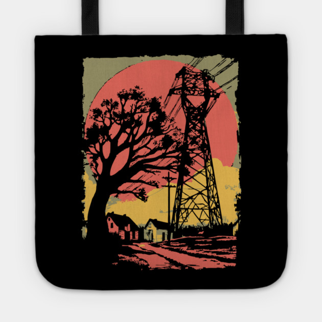 Rural Power Lines at Sunset - Retro Industrial Landscape Art Tote by TuncGK