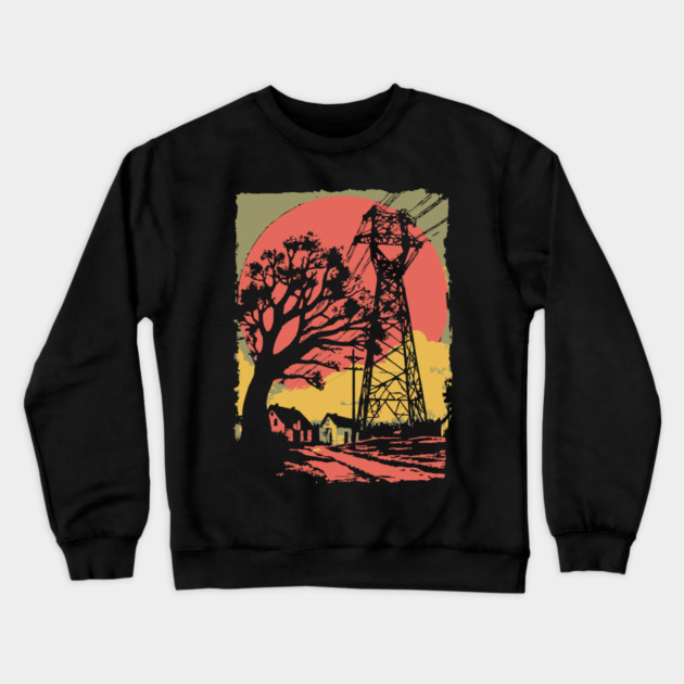 Rural Power Lines at Sunset - Retro Industrial Landscape Art Crewneck Sweatshirt by TuncGK