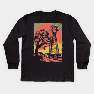 Rural Power Lines at Sunset - Retro Industrial Landscape Art Kids Long Sleeve T-Shirt
