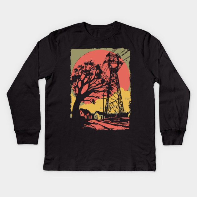 Rural Power Lines at Sunset - Retro Industrial Landscape Art Kids Long Sleeve T-Shirt by TuncGK