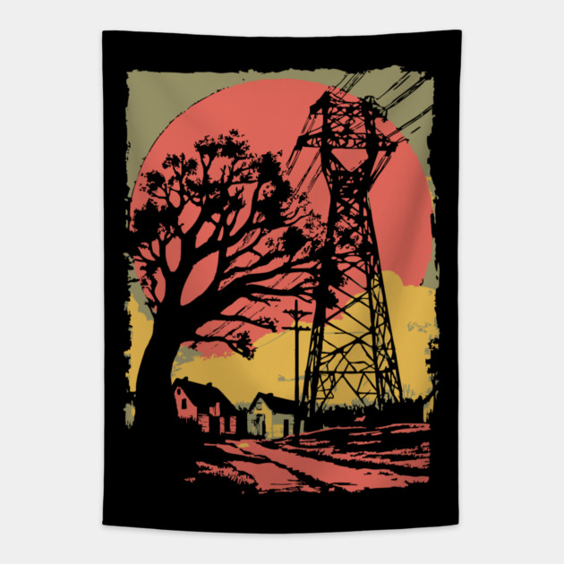 Rural Power Lines at Sunset - Retro Industrial Landscape Art Tapestry by TuncGK