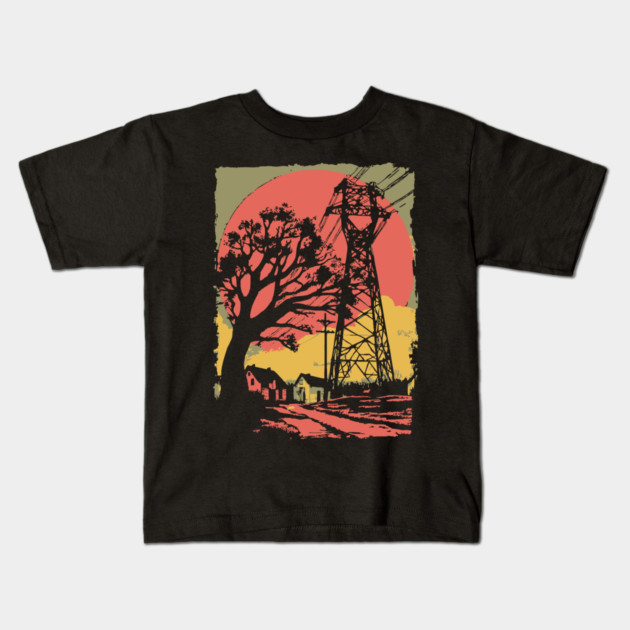 Rural Power Lines at Sunset - Retro Industrial Landscape Art Kids T-Shirt by TuncGK