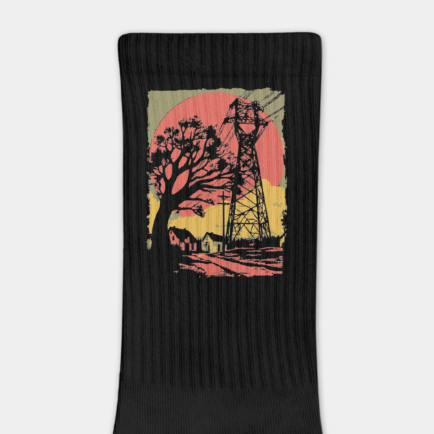 Rural Power Lines at Sunset - Retro Industrial Landscape Art by TuncGK