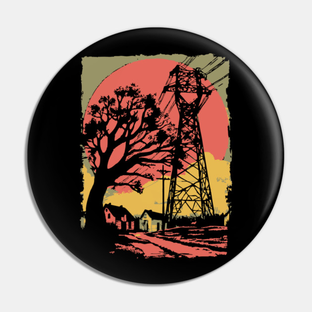Rural Power Lines at Sunset - Retro Industrial Landscape Art Pin by TuncGK