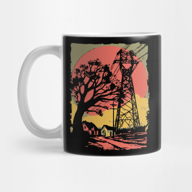 Rural Power Lines at Sunset - Retro Industrial Landscape Art by TuncGK