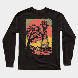 Rural Power Lines at Sunset - Retro Industrial Landscape Art Long Sleeve T-Shirt