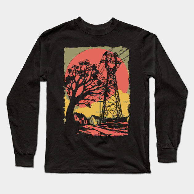 Rural Power Lines at Sunset - Retro Industrial Landscape Art Long Sleeve T-Shirt by TuncGK