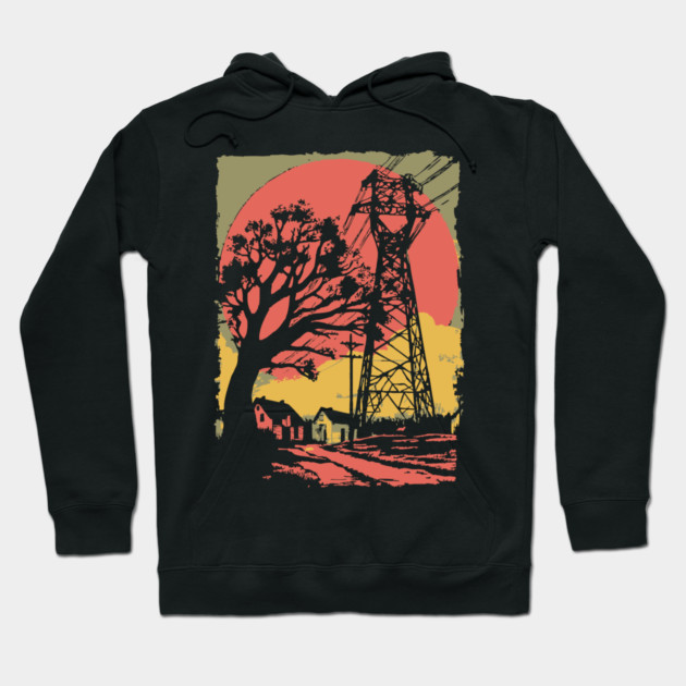 Rural Power Lines at Sunset - Retro Industrial Landscape Art Hoodie by TuncGK