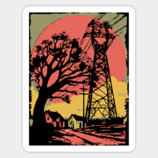 Rural Power Lines at Sunset - Retro Industrial Landscape Art Sticker