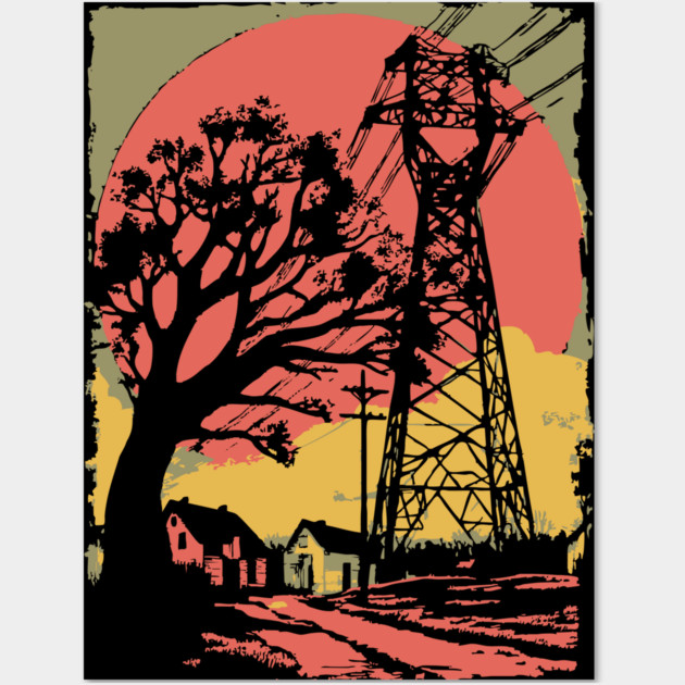 Rural Power Lines at Sunset - Retro Industrial Landscape Art Wall Art by TuncGK