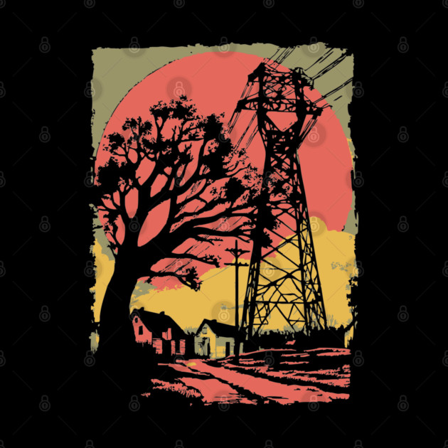 Rural Power Lines at Sunset - Retro Industrial Landscape Art by TuncGK
