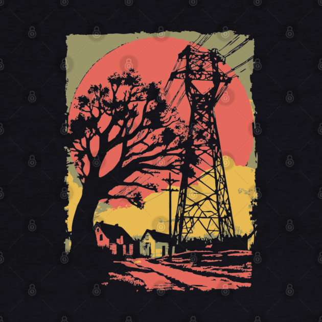 Rural Power Lines at Sunset - Retro Industrial Landscape Art by TuncGK