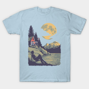 Lakeside Contemplation Under the Moon - Vintage Cabin Landscape T-Shirt