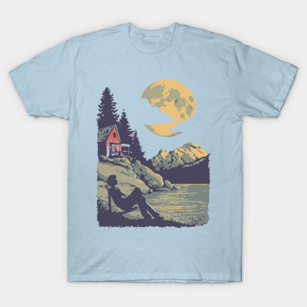 Lakeside Contemplation Under the Moon - Vintage Cabin Landscape T-Shirt by TuncGK