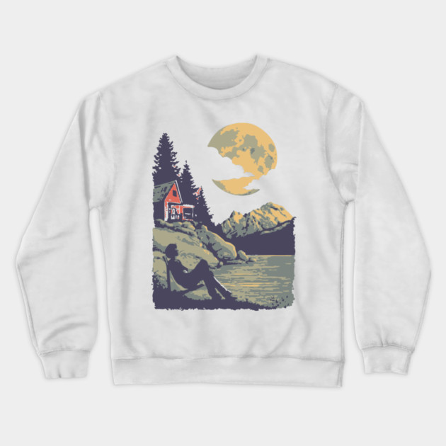 Lakeside Contemplation Under the Moon - Vintage Cabin Landscape Crewneck Sweatshirt by TuncGK