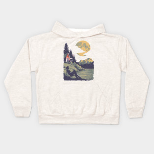Lakeside Contemplation Under the Moon - Vintage Cabin Landscape Kids Hoodie
