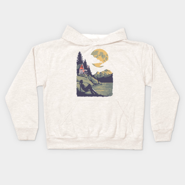 Lakeside Contemplation Under the Moon - Vintage Cabin Landscape Kids Hoodie by TuncGK
