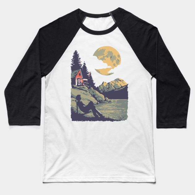 Lakeside Contemplation Under the Moon - Vintage Cabin Landscape Baseball T-Shirt by TuncGK