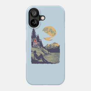Lakeside Contemplation Under the Moon - Vintage Cabin Landscape Phone Case