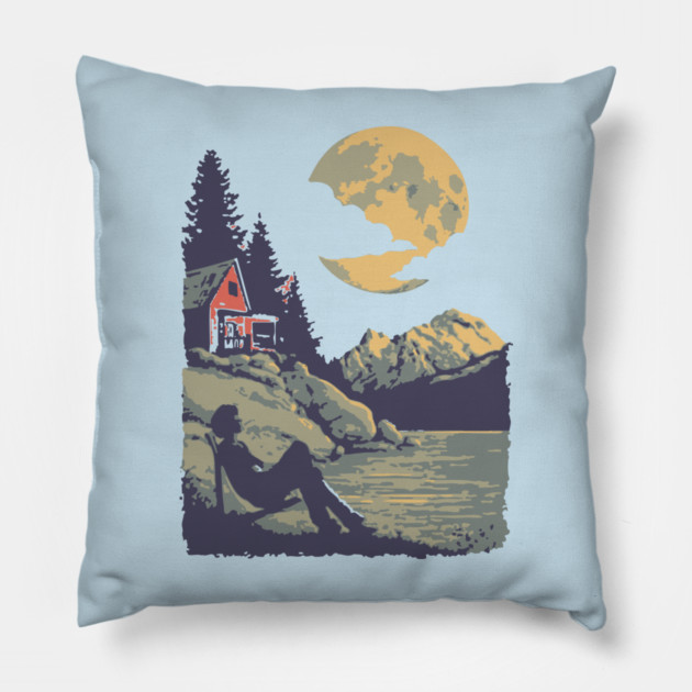 Lakeside Contemplation Under the Moon - Vintage Cabin Landscape Pillow by TuncGK