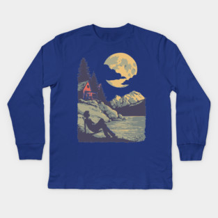 Lakeside Contemplation Under the Moon - Vintage Cabin Landscape Kids Long Sleeve T-Shirt