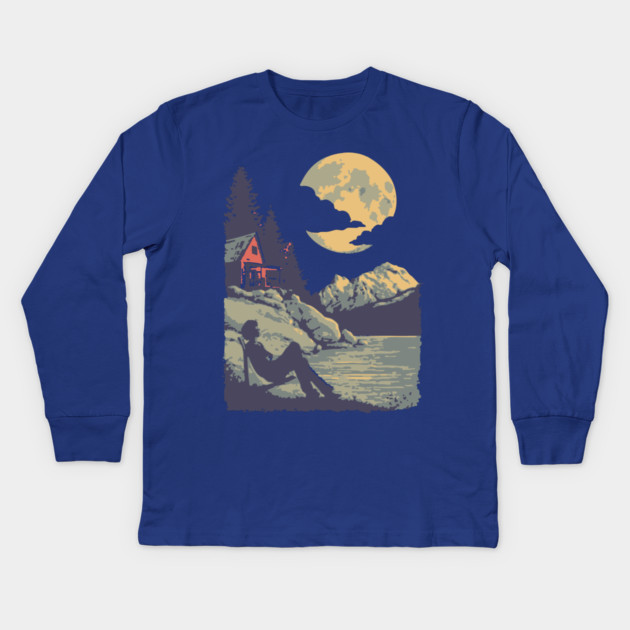 Lakeside Contemplation Under the Moon - Vintage Cabin Landscape Kids Long Sleeve T-Shirt by TuncGK