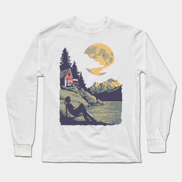 Lakeside Contemplation Under the Moon - Vintage Cabin Landscape Long Sleeve T-Shirt by TuncGK