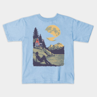 Lakeside Contemplation Under the Moon - Vintage Cabin Landscape Kids T-Shirt