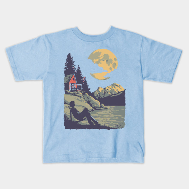 Lakeside Contemplation Under the Moon - Vintage Cabin Landscape Kids T-Shirt by TuncGK
