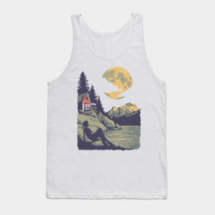 Lakeside Contemplation Under the Moon - Vintage Cabin Landscape Tank Top