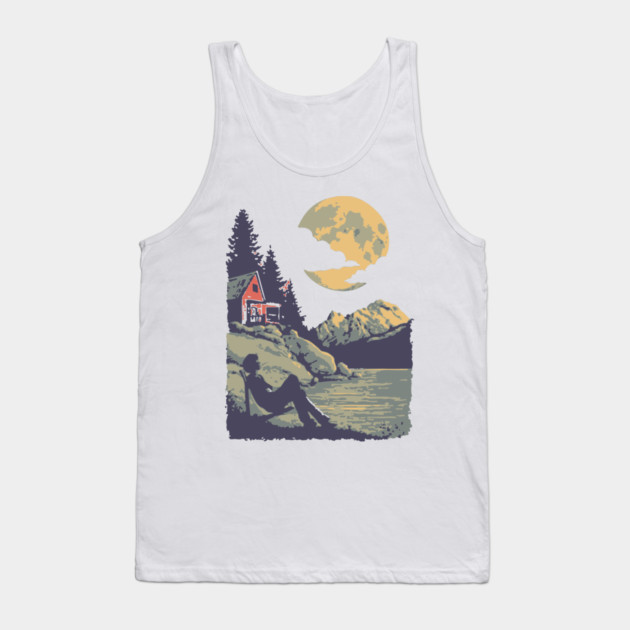 Lakeside Contemplation Under the Moon - Vintage Cabin Landscape Tank Top by TuncGK