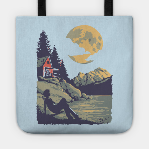 Lakeside Contemplation Under the Moon - Vintage Cabin Landscape Tote by TuncGK