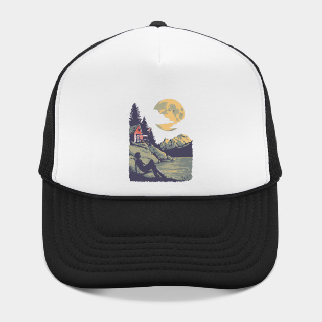 Lakeside Contemplation Under the Moon - Vintage Cabin Landscape by TuncGK