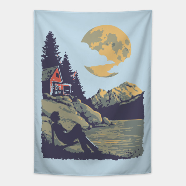 Lakeside Contemplation Under the Moon - Vintage Cabin Landscape Tapestry by TuncGK