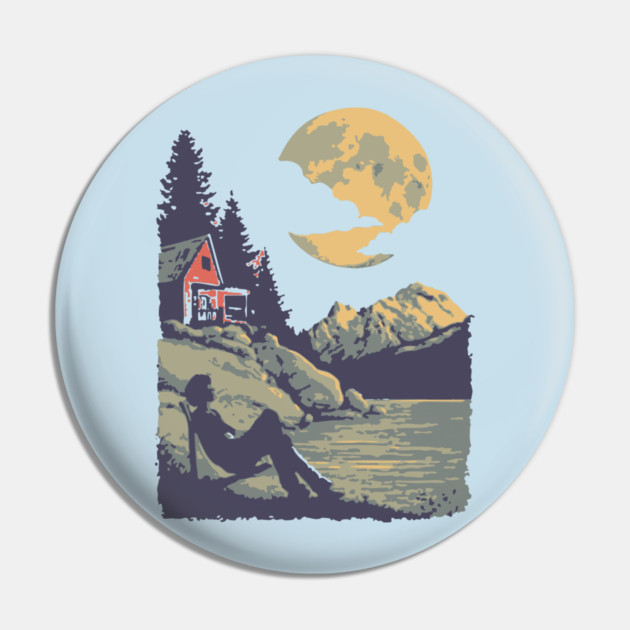 Lakeside Contemplation Under the Moon - Vintage Cabin Landscape Pin by TuncGK