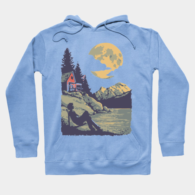 Lakeside Contemplation Under the Moon - Vintage Cabin Landscape Hoodie by TuncGK