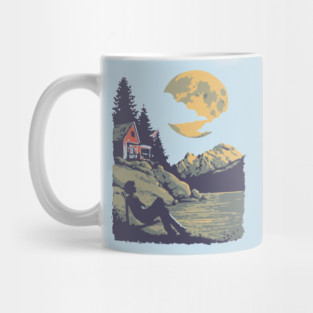Lakeside Contemplation Under the Moon - Vintage Cabin Landscape Mug