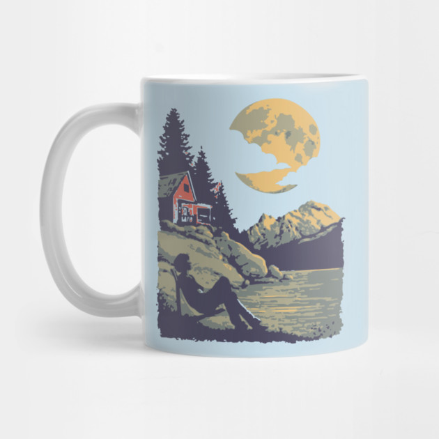 Lakeside Contemplation Under the Moon - Vintage Cabin Landscape by TuncGK