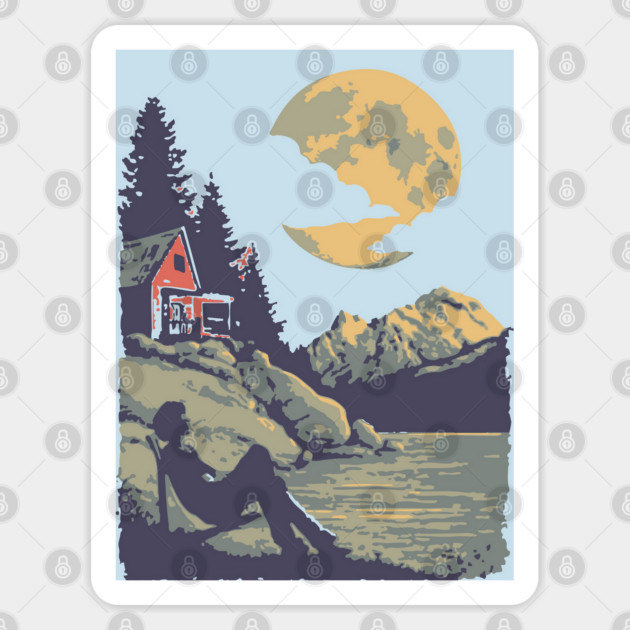 Lakeside Contemplation Under the Moon - Vintage Cabin Landscape Sticker by TuncGK