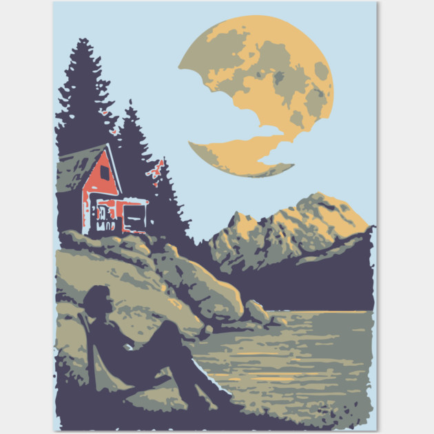 Lakeside Contemplation Under the Moon - Vintage Cabin Landscape Wall Art by TuncGK