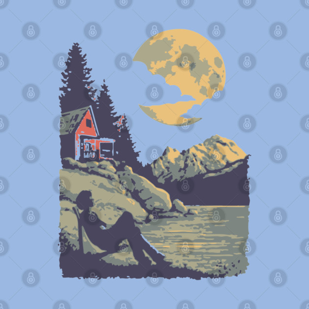 Lakeside Contemplation Under the Moon - Vintage Cabin Landscape by TuncGK