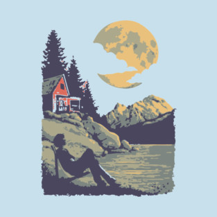 Lakeside Contemplation Under the Moon - Vintage Cabin Landscape T-Shirt
