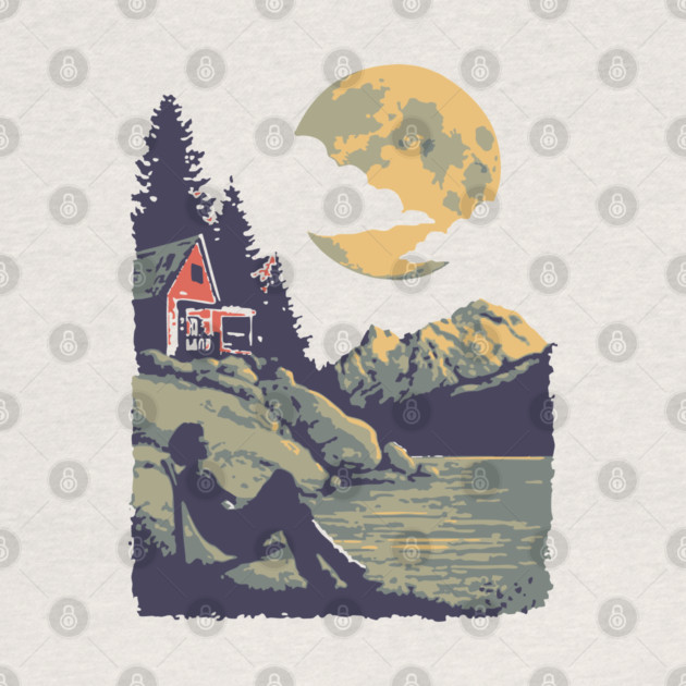 Lakeside Contemplation Under the Moon - Vintage Cabin Landscape by TuncGK