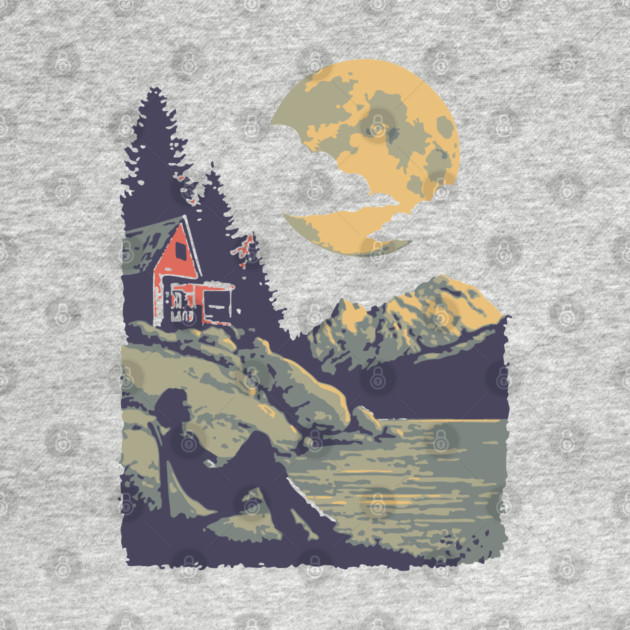 Lakeside Contemplation Under the Moon - Vintage Cabin Landscape by TuncGK
