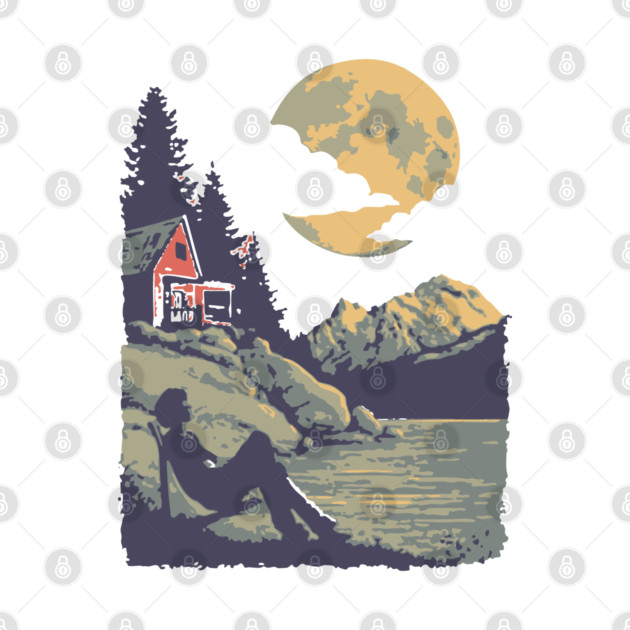 Lakeside Contemplation Under the Moon - Vintage Cabin Landscape by TuncGK