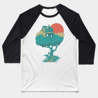 Floating Dream House Tree - Surreal and Whimsical Landscape Baseball T-Shirt