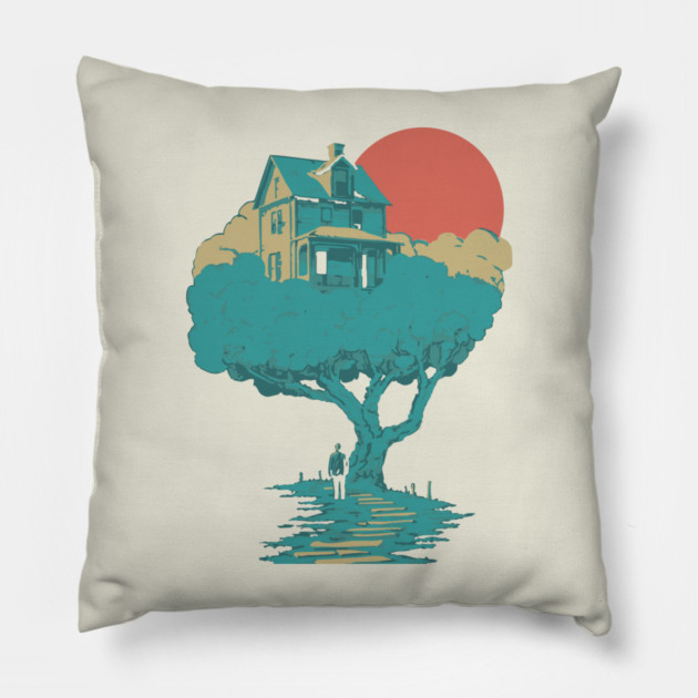 Floating Dream House Tree - Surreal and Whimsical Landscape Pillow by TuncGK
